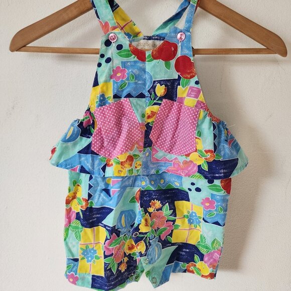 Vintage 90s Abstract Geometric Baby Overalls Romper Baby Beluga New York 12 M - Picture 1 of 6